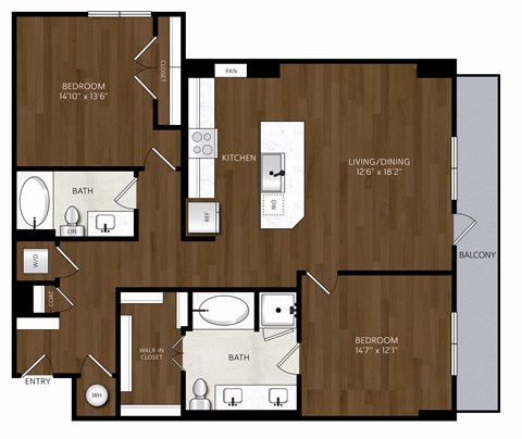 Floor plan for 2 beds, 2 baths, 1212 sqft